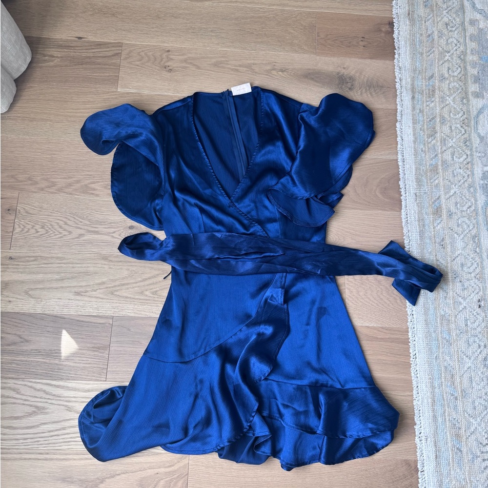 Showpo Navy Satin Wrap Dress with Ruffle Detail